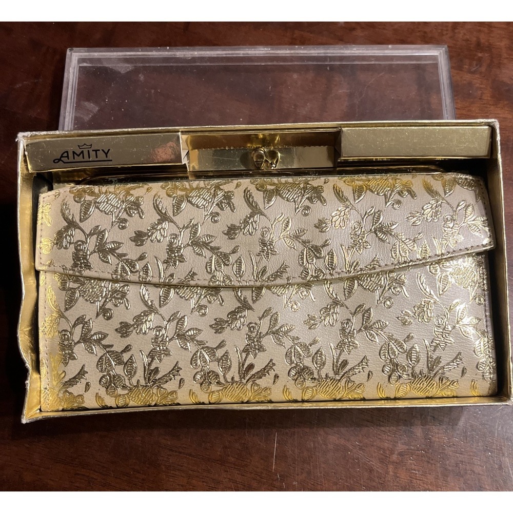 VTG Amity Wallet Clutch Cowhide | In Original Box‎ | Cream Gold NOS